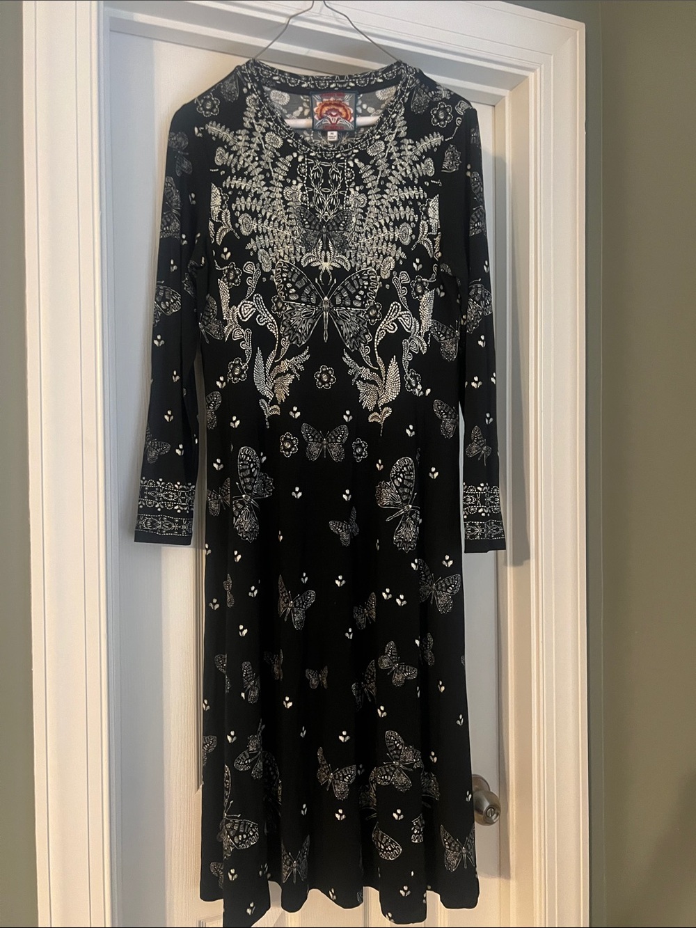 Johnny Was Black Butterfly print Long Sleeve Dress